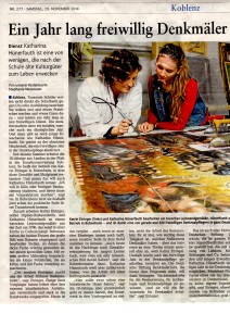 Ende letzten Jahres berichtete die Rhein-Zeitung über unsere Funktion als Einsatzstelle für das Freiwillige soziale Jahr in der Denkmalpflege. Die Freiwilligen können die Arbeit im Restaurierungsatelier für mit einem Vorpraktikum für ein Studium der Restaurierung für Gemälde und Skulpturen nutzen.